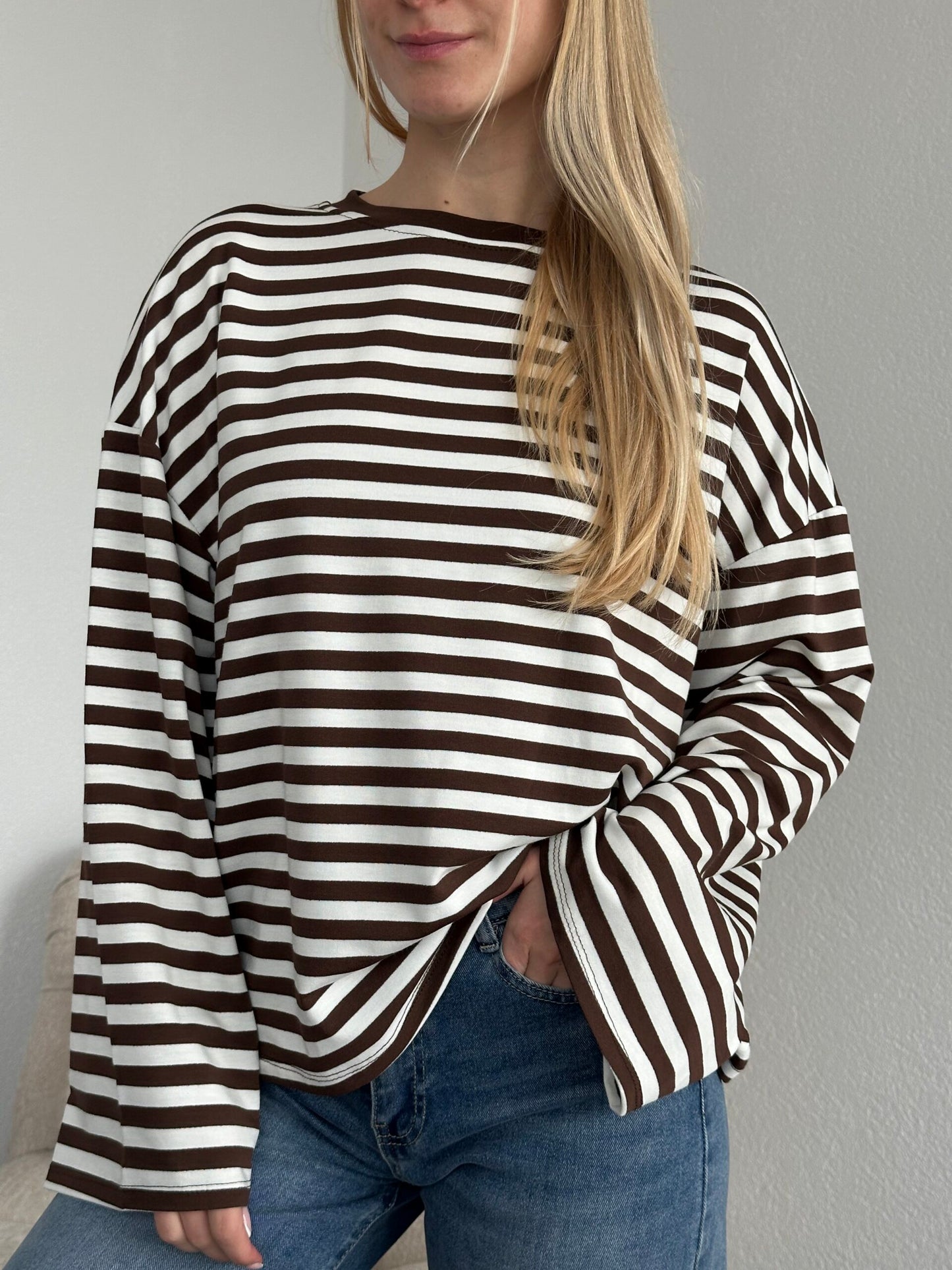 T-shirt gestreept longsleeve | BRUIN/WIT