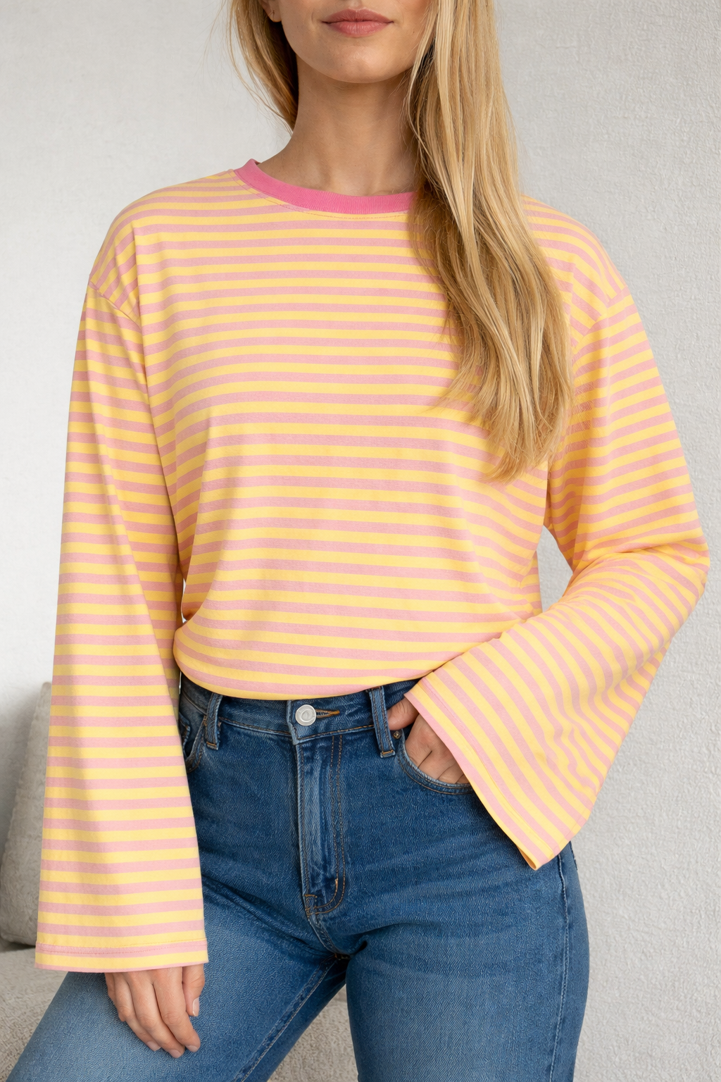 T-shirt gestreept longsleeve | GEEL/ROZE