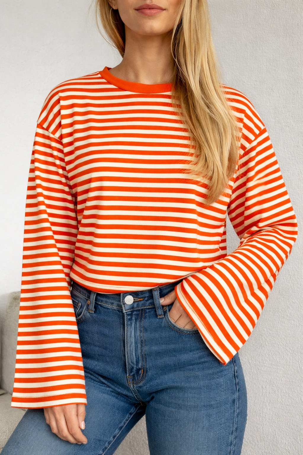 T-shirt gestreept longsleeve | ORANJE/WIT
