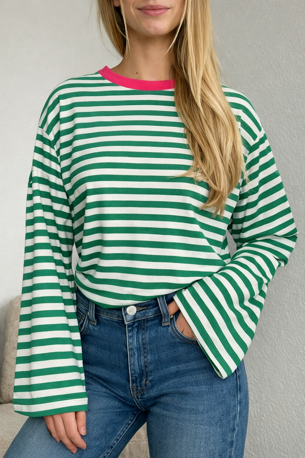 T-shirt gestreept longsleeve | GROEN/WIT