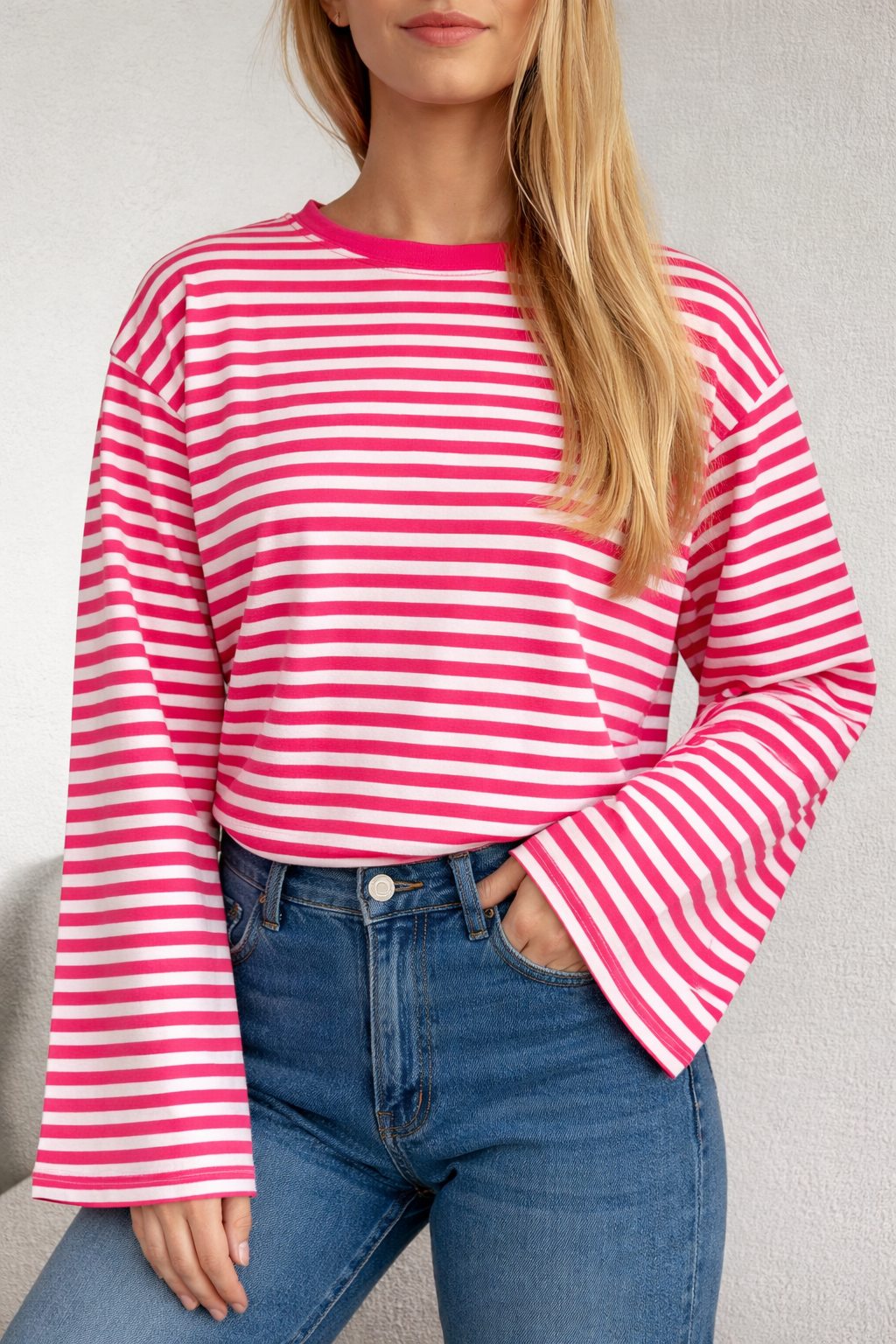 T-shirt gestreept longsleeve | ROZE/WIT